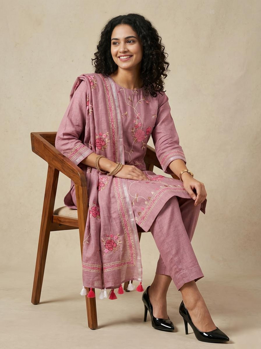 Pure Linen Embroidered Unstitched Suit Set – Artisanal Floral Collection