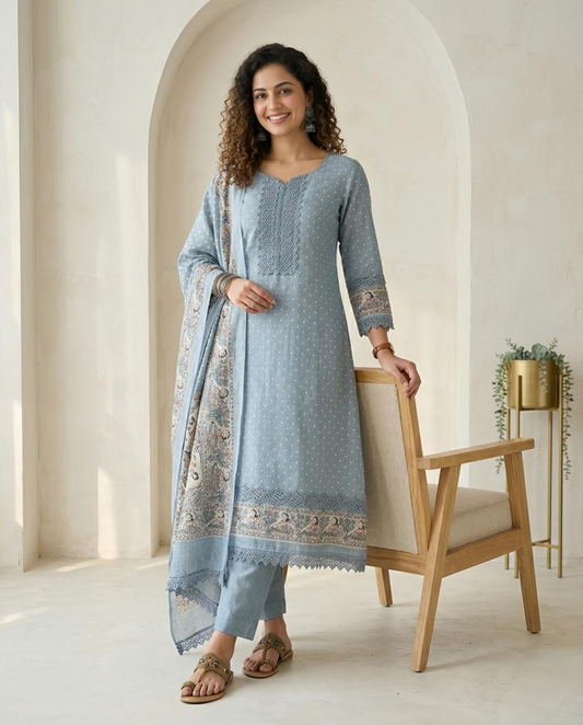 Pastel Linen Unstitched Suit Material with Madhubani Print