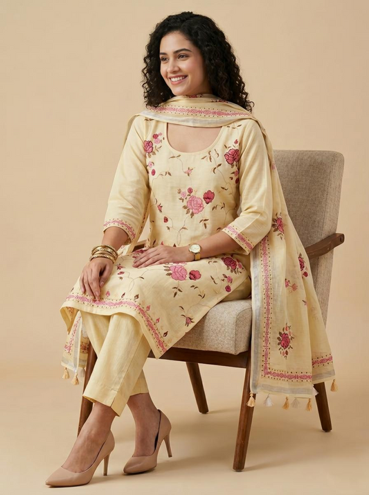 Pure Linen Embroidered Unstitched Suit Set – Artisanal Floral Collection