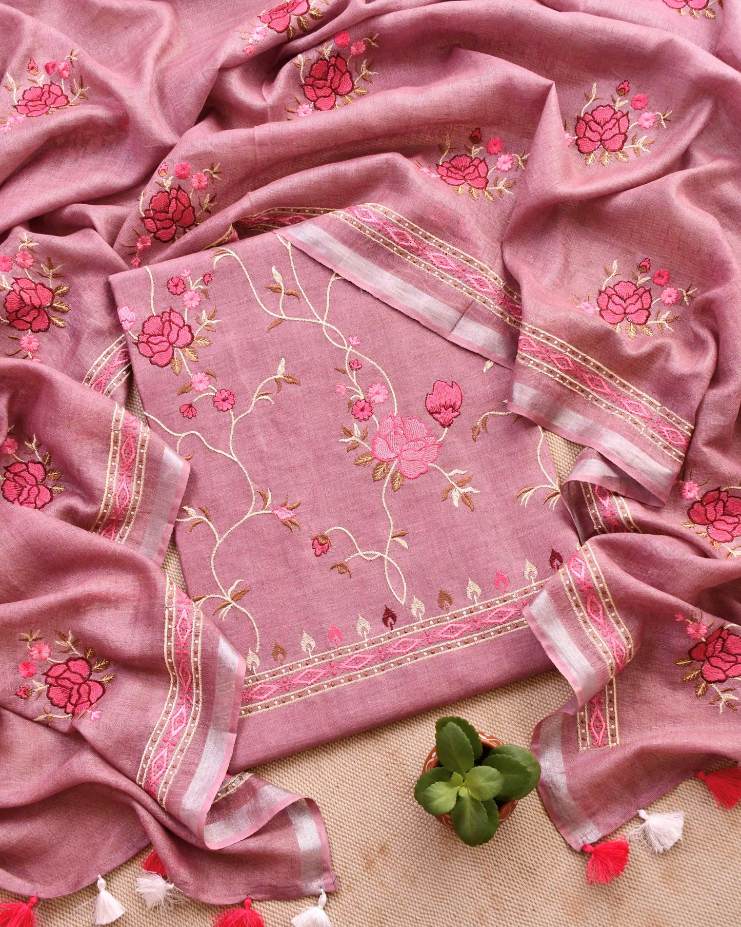 Pure Linen Embroidered Unstitched Suit Set – Artisanal Floral Collection