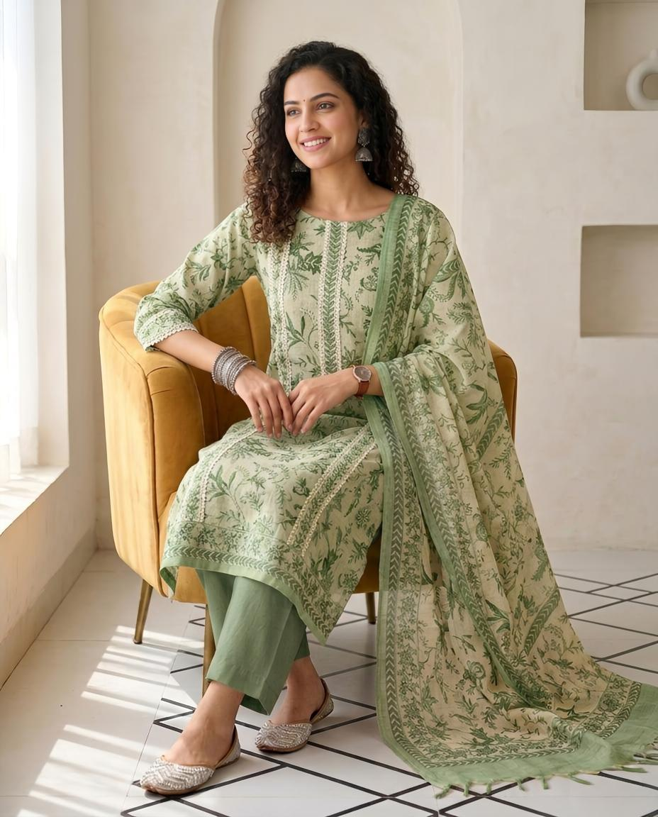 Premium Natural Linen Unstitched Suit Set with Hand Kantha Work
