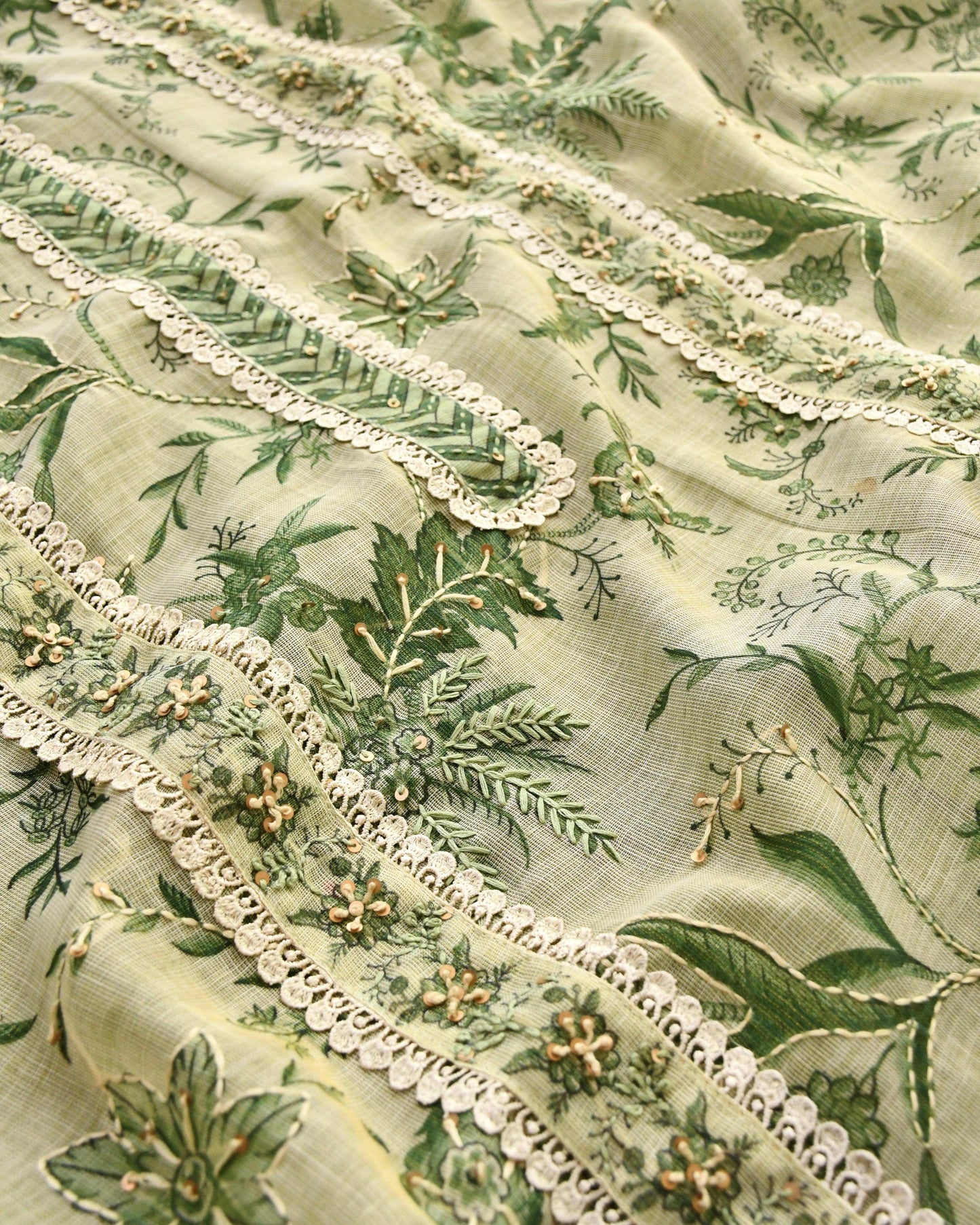 Premium Natural Linen Unstitched Suit Set with Hand Kantha Work