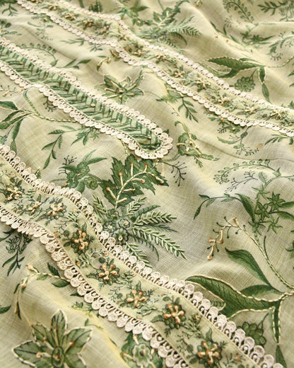 Premium Natural Linen Unstitched Suit Set with Hand Kantha Work