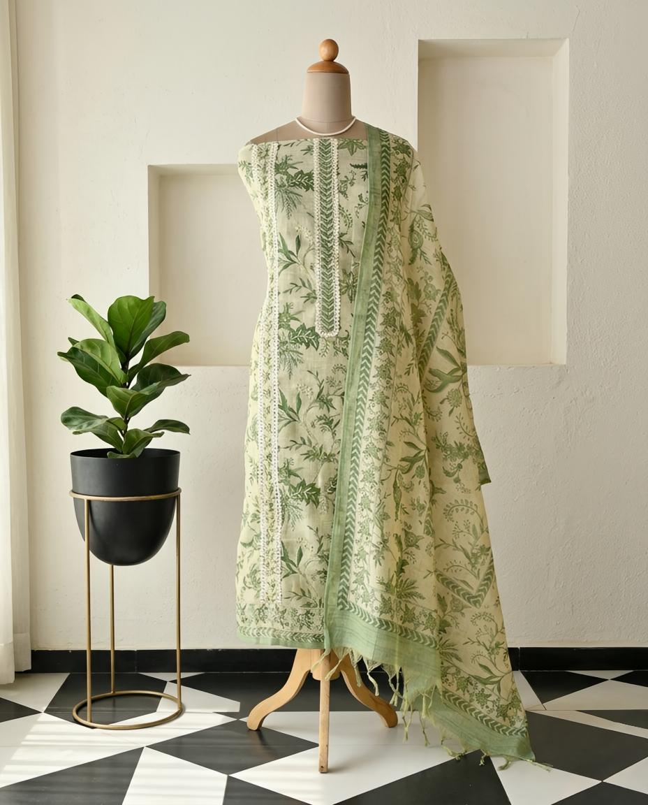Premium Natural Linen Unstitched Suit Set with Hand Kantha Work