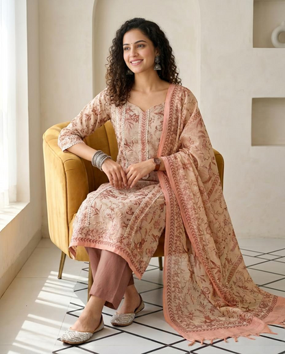 Premium Natural Linen Unstitched Suit Set with Hand Kantha Work