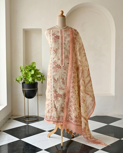 Premium Natural Linen Unstitched Suit Set with Hand Kantha Work