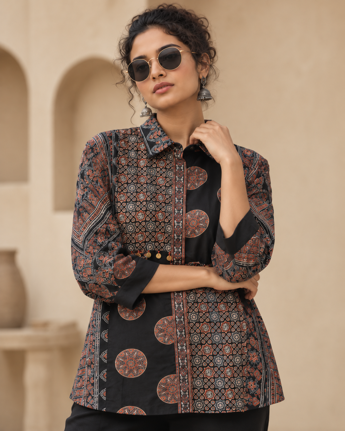 Relaxed Anti Fit Printed Modal Silk Shirt for Women – Ajrakh Motif Coin Embellishments