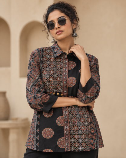 Relaxed Anti Fit Printed Modal Silk Shirt for Women – Ajrakh Motif Coin Embellishments