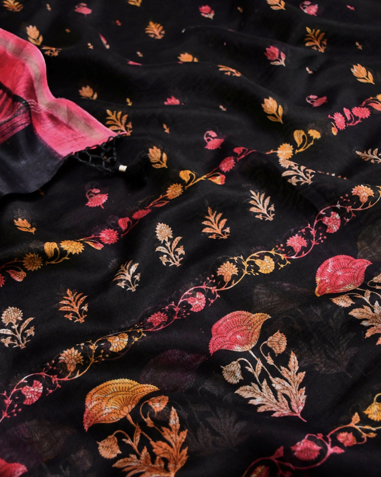 Midnight Black Maheshwari Silk Unstitched Suit with Floral Jaal & Crimson Borders