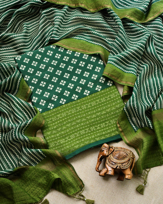 Forest Green Maheshwari Silk Unstitched Suit with Hand-Embroidered Accents