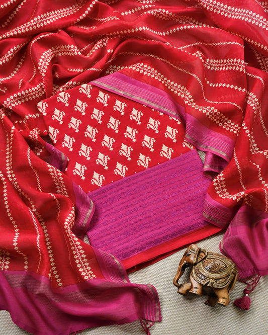 Red & Magenta Maheshwari Silk Unstitched Suit with Zari Border