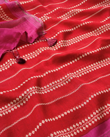 Red & Magenta Maheshwari Silk Unstitched Suit with Zari Border