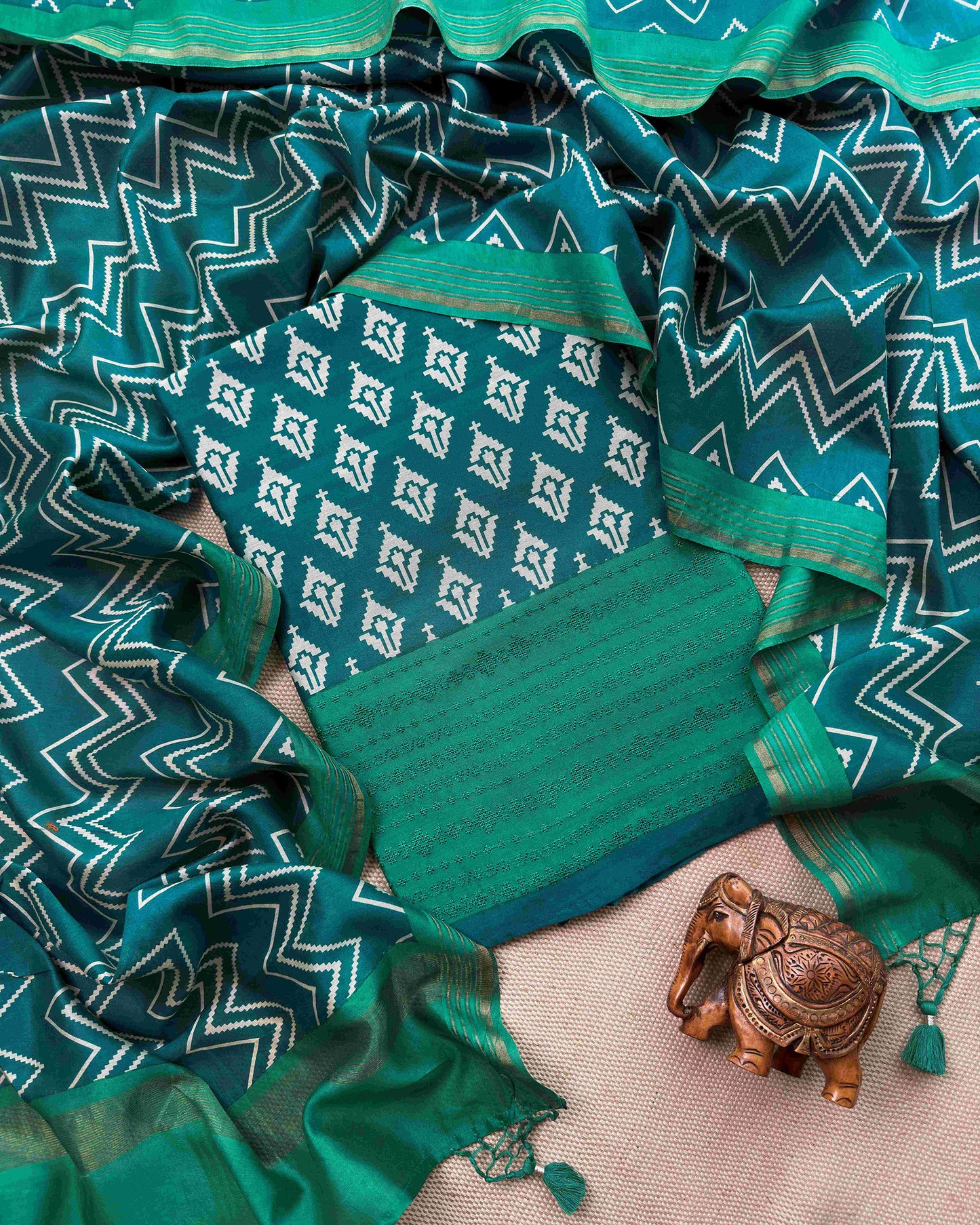 Forest Green Maheshwari Silk Unstitched Suit with Hand-Embroidered Accents