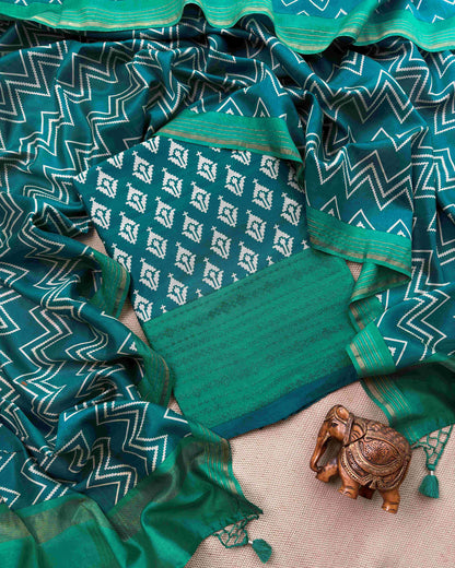 Forest Green Maheshwari Silk Unstitched Suit with Hand-Embroidered Accents