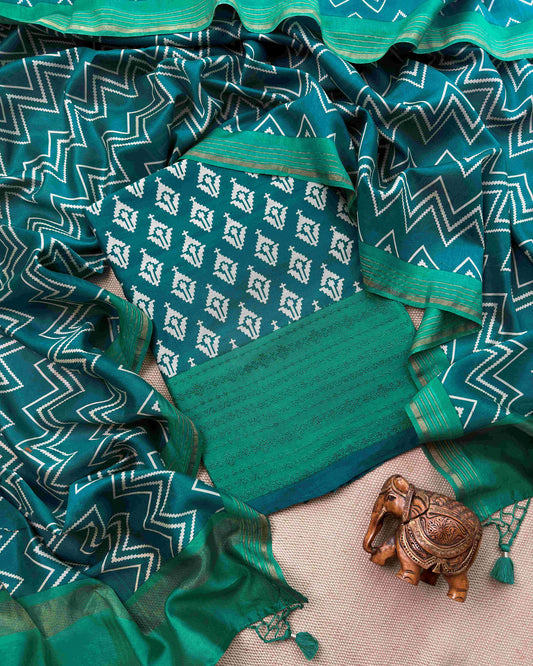 Forest Green Maheshwari Silk Unstitched Suit with Hand-Embroidered Accents