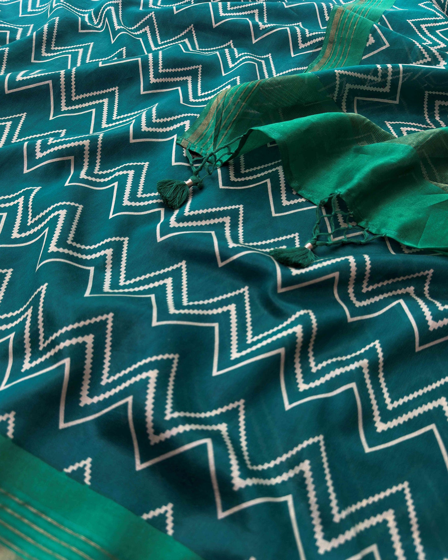 Forest Green Maheshwari Silk Unstitched Suit with Hand-Embroidered Accents