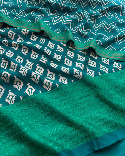 Forest Green Maheshwari Silk Unstitched Suit with Hand-Embroidered Accents