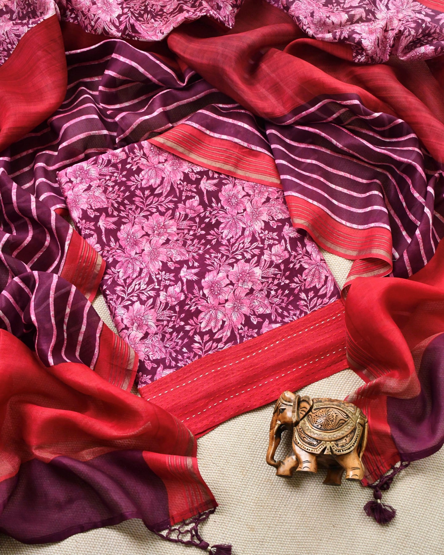 Radiant Pink & Wine Maheshwari Silk Unstitched Suit with Floral Prints