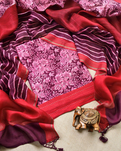 Radiant Pink & Wine Maheshwari Silk Unstitched Suit with Floral Prints