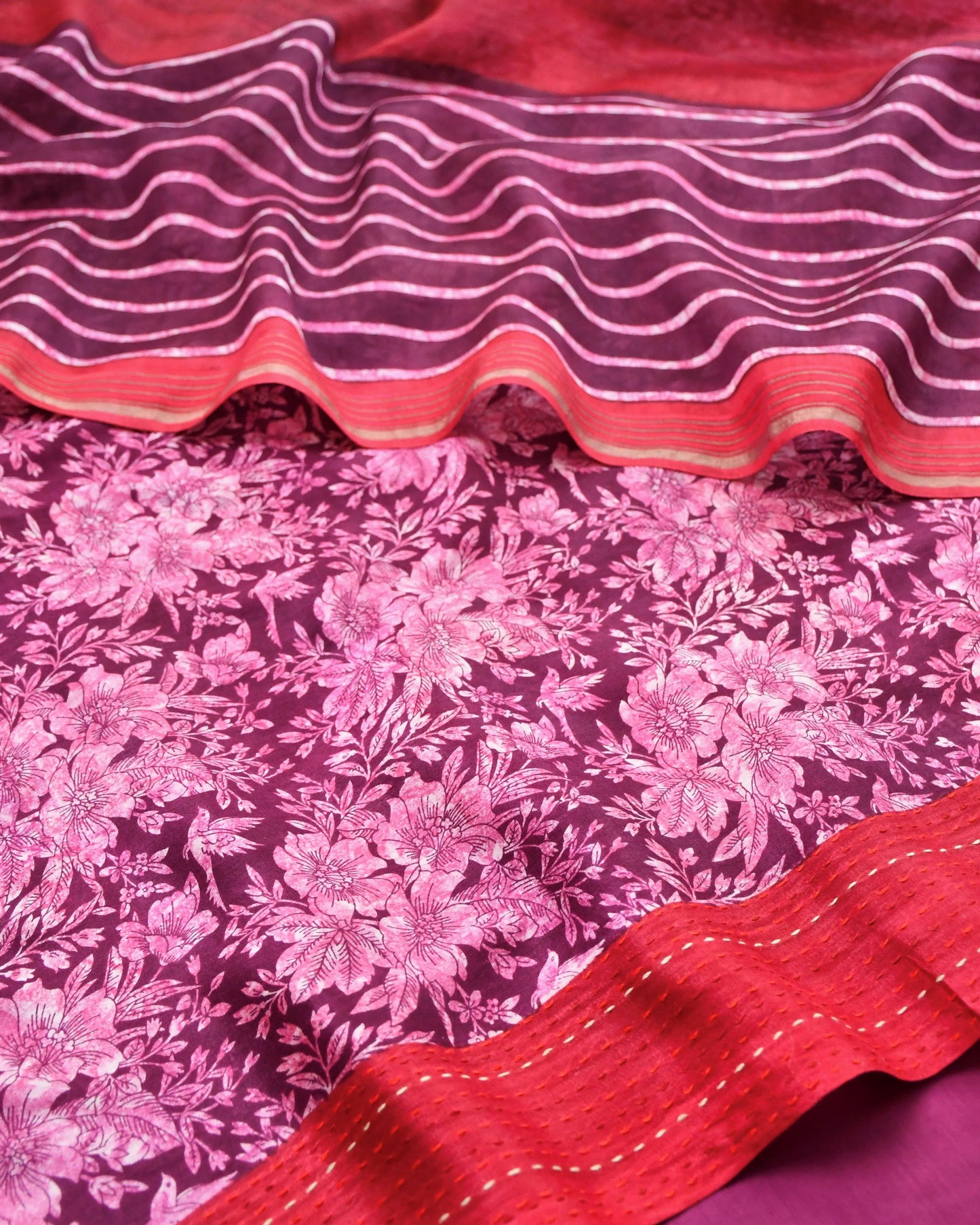 Radiant Pink & Wine Maheshwari Silk Unstitched Suit with Floral Prints