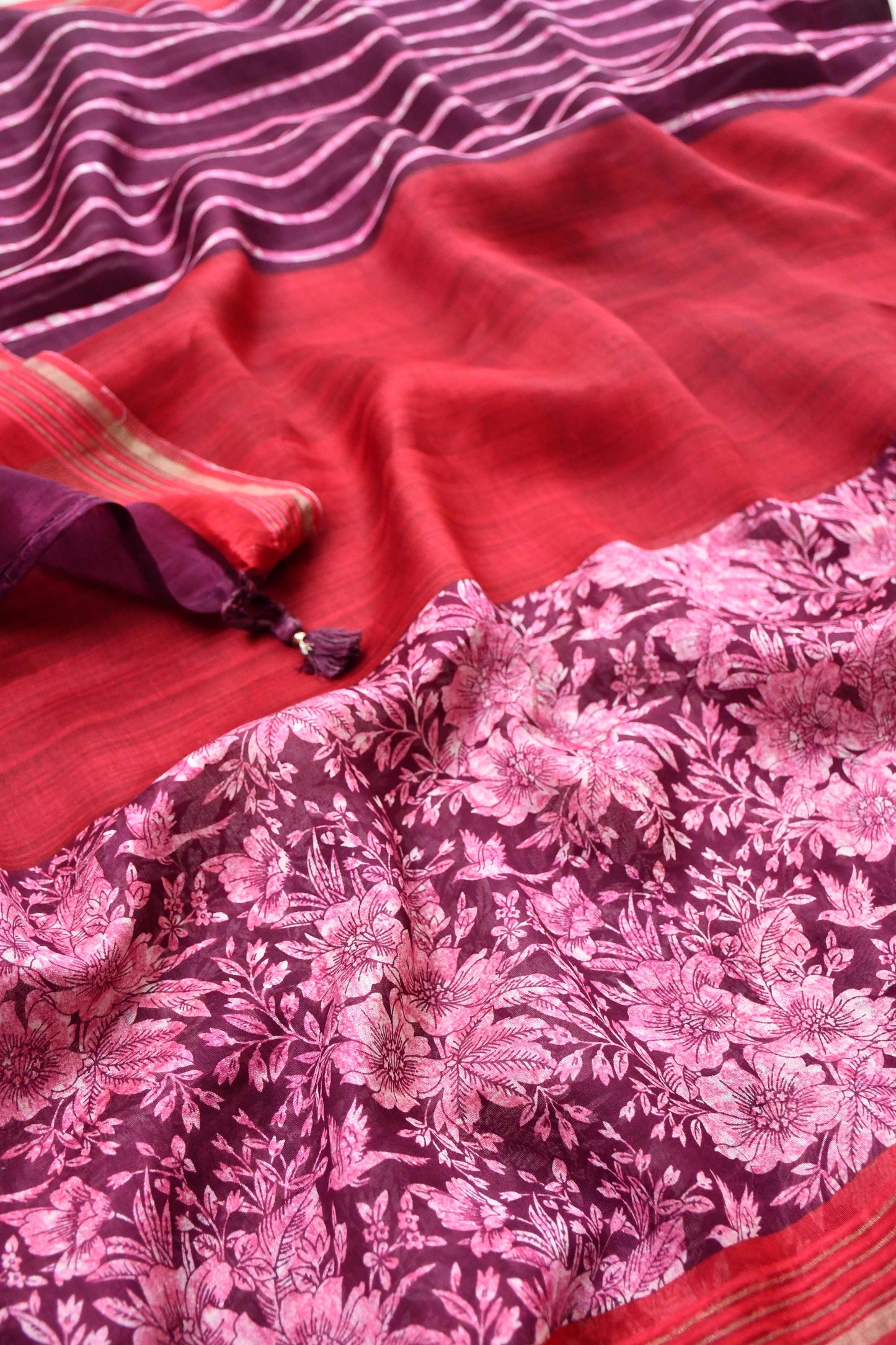 Radiant Pink & Wine Maheshwari Silk Unstitched Suit with Floral Prints