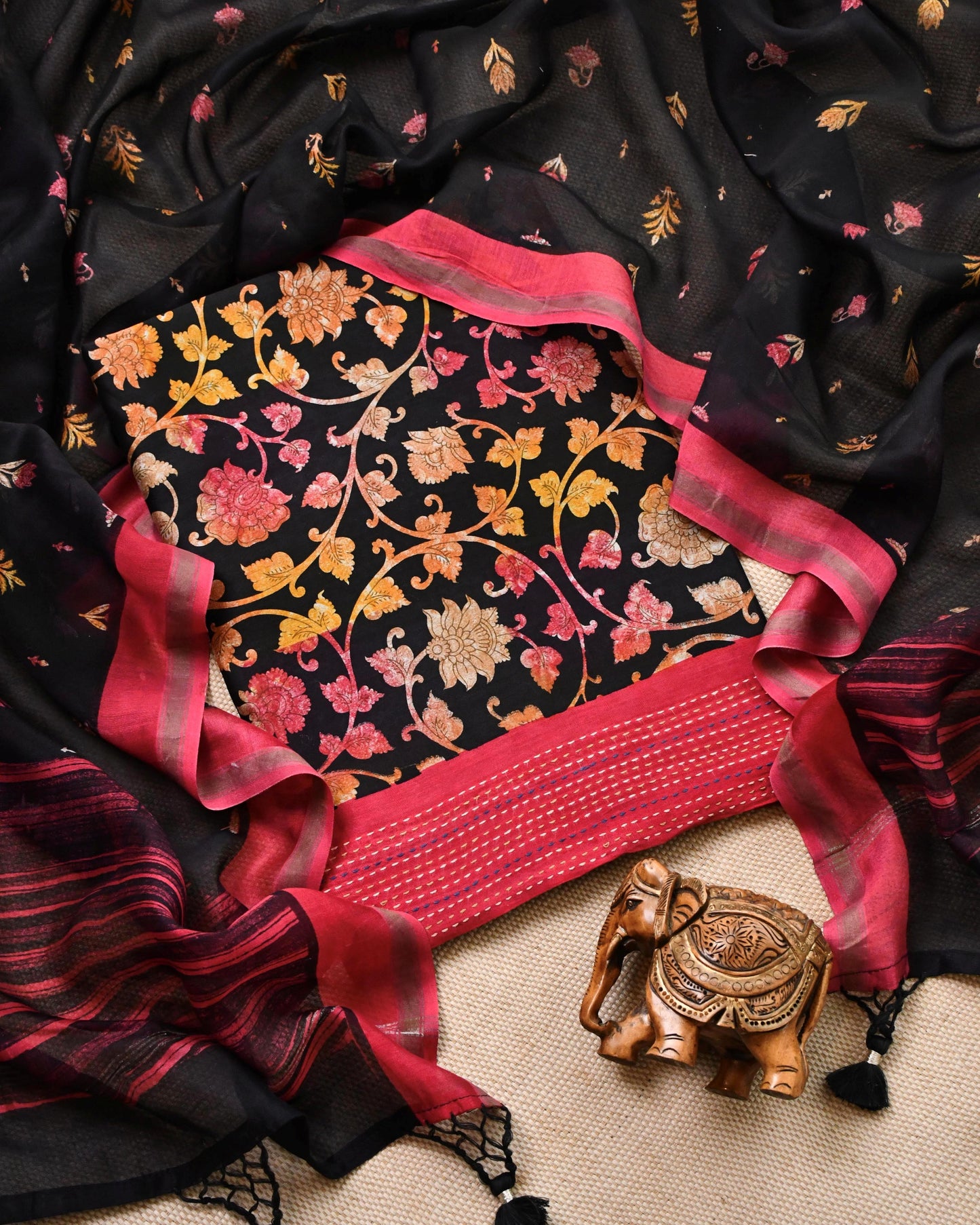 Midnight Black Maheshwari Silk Unstitched Suit with Floral Jaal & Crimson Borders