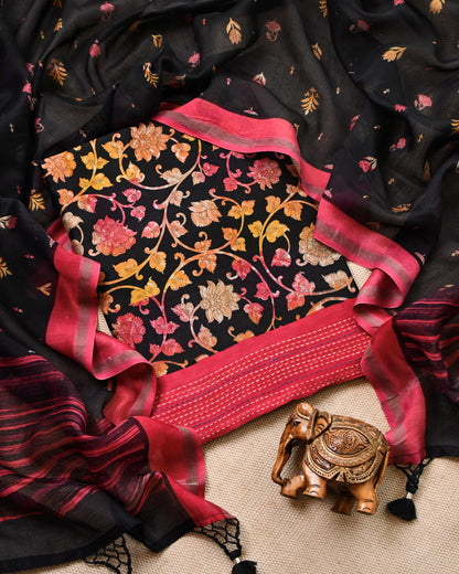 Midnight Black Maheshwari Silk Unstitched Suit with Floral Jaal & Crimson Borders