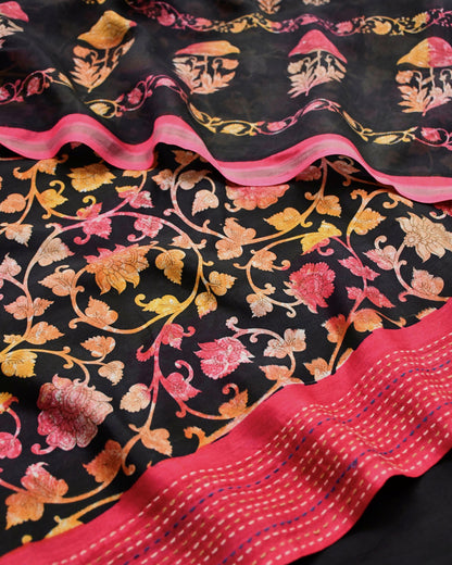 Midnight Black Maheshwari Silk Unstitched Suit with Floral Jaal & Crimson Borders