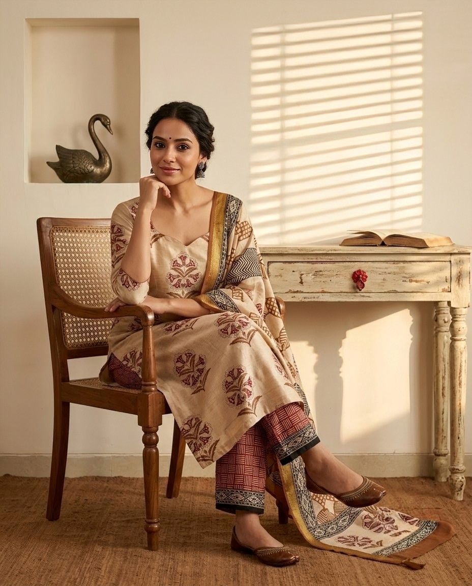 Pure Maheshwari Silk Hand Block Print Unstitched Suit with Dupatta