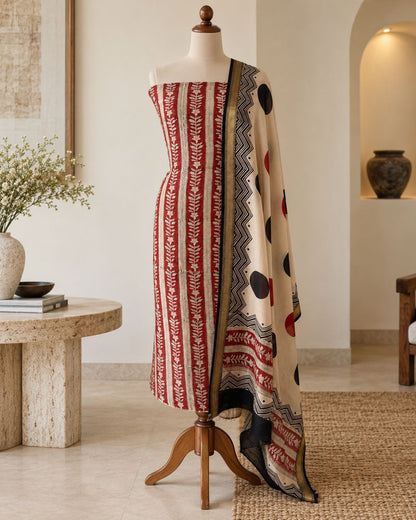 Pure Maheshwari Silk Hand Block Print Unstitched Suit with Dupatta