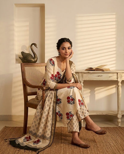 Pure Maheshwari Silk Hand Block Print Unstitched Suit with Dupatta