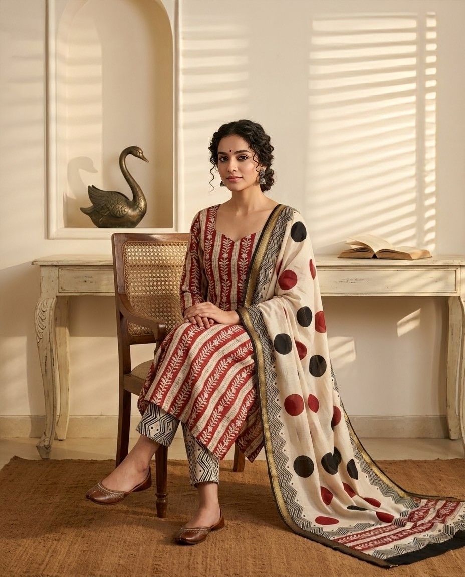 Pure Maheshwari Silk Hand Block Print Unstitched Suit with Dupatta
