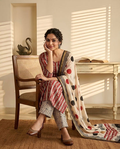 Pure Maheshwari Silk Hand Block Print Unstitched Suit with Dupatta