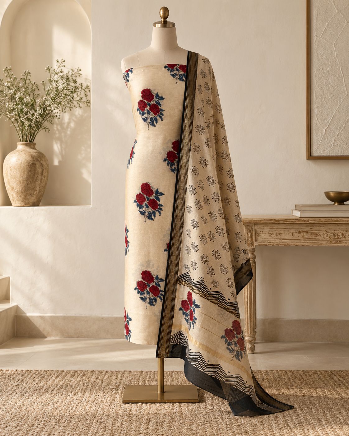 Pure Maheshwari Silk Hand Block Print Unstitched Suit with Dupatta