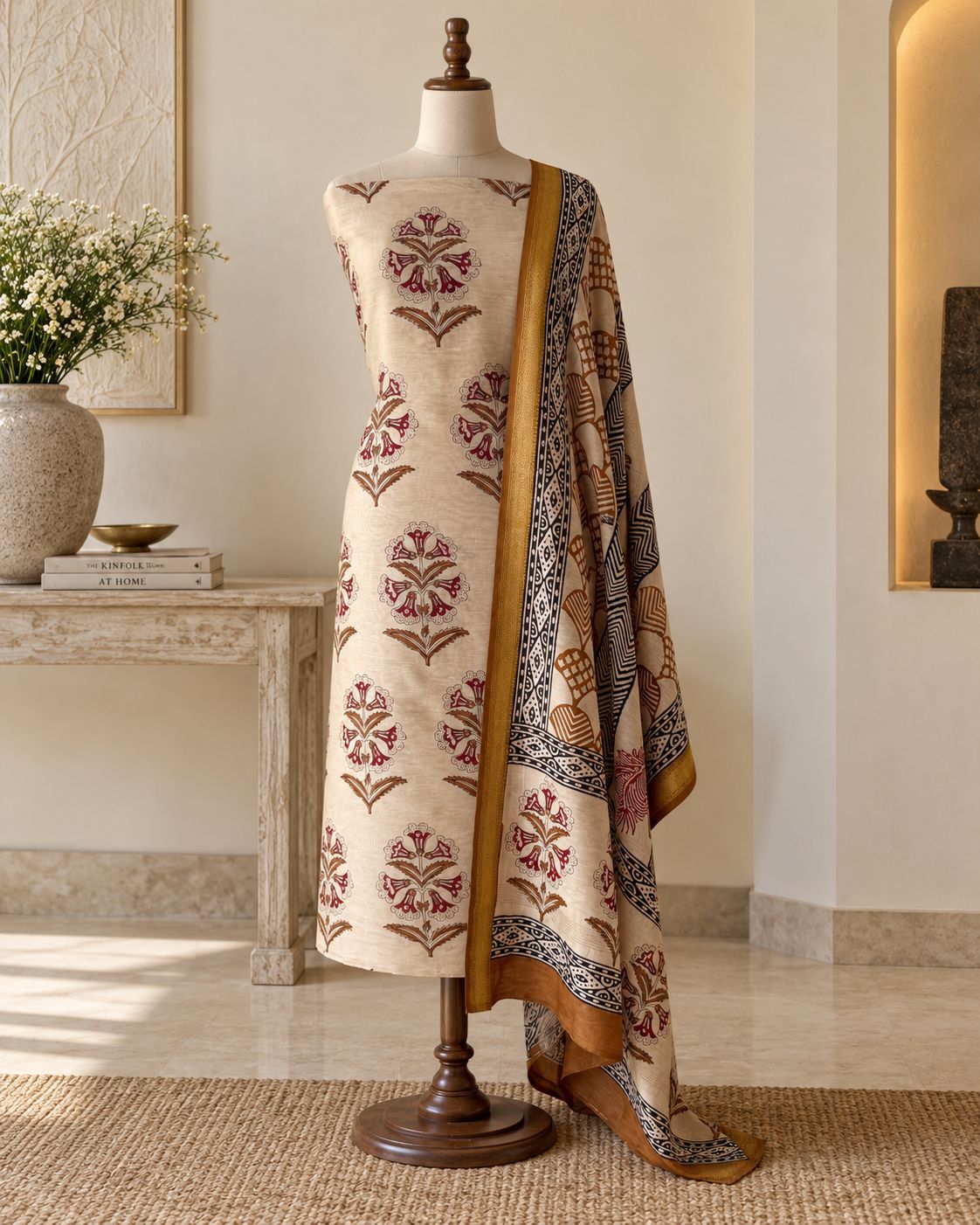 Pure Maheshwari Silk Hand Block Print Unstitched Suit with Dupatta