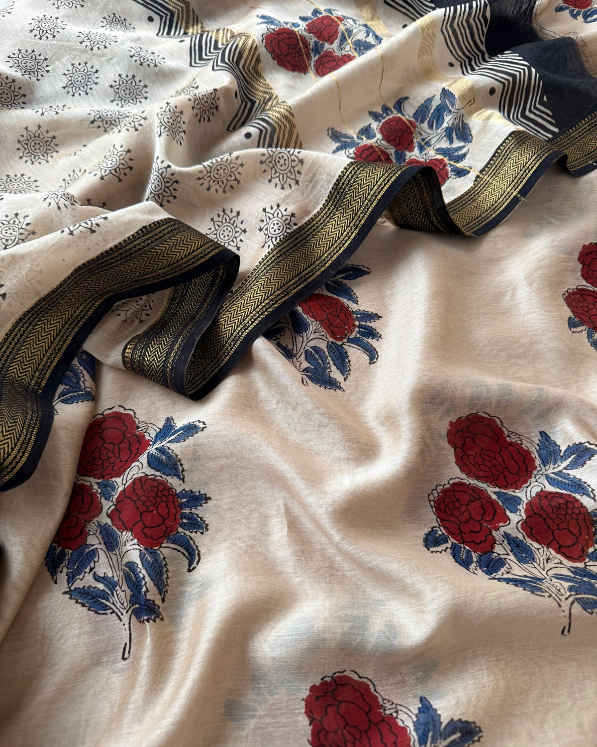 Pure Maheshwari Silk Hand Block Print Unstitched Suit with Dupatta