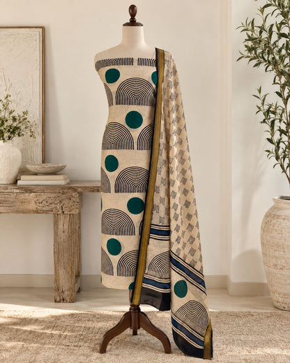 Pure Maheshwari Silk Hand Block Print Unstitched Suit with Dupatta