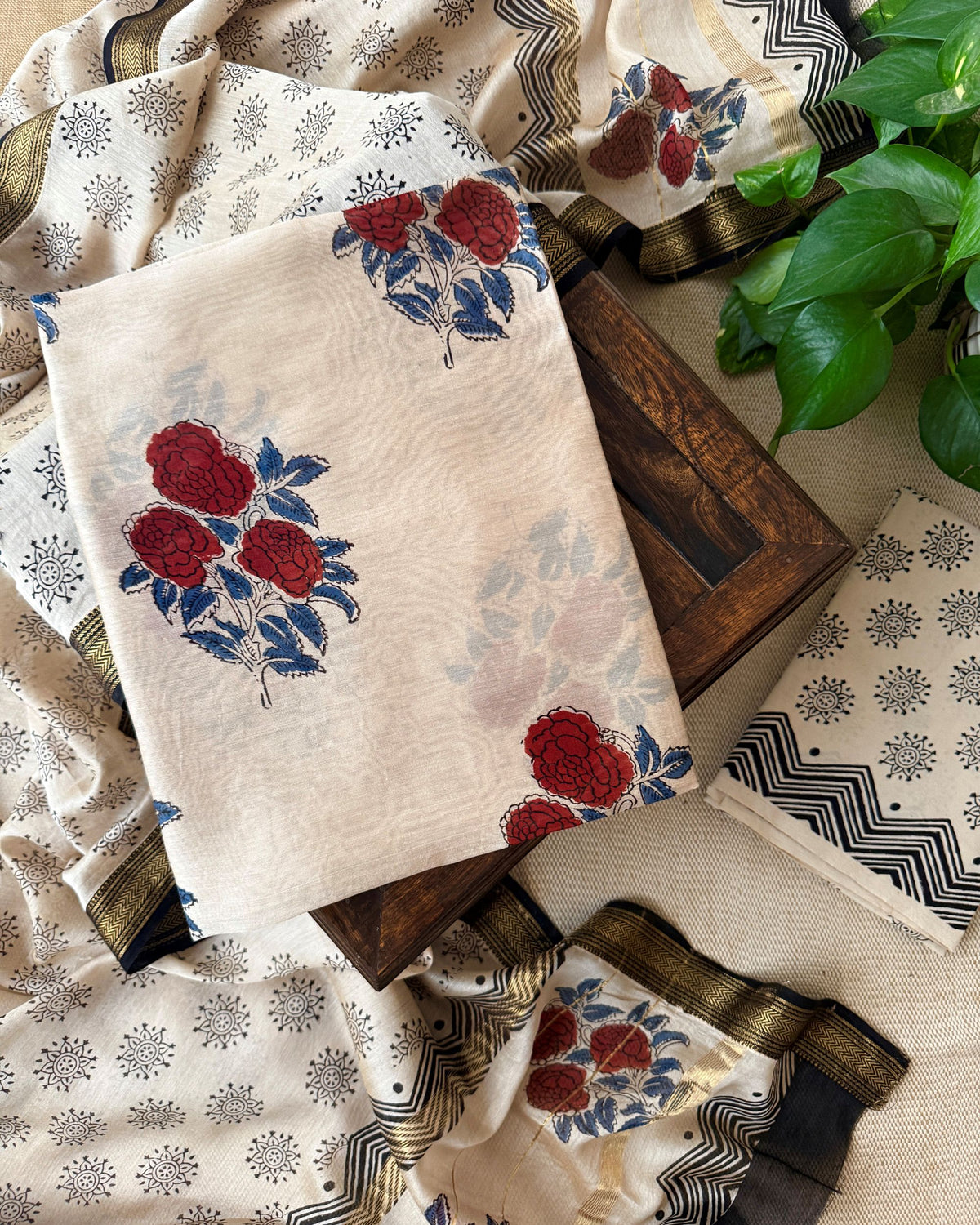 Pure Maheshwari Silk Hand Block Print Unstitched Suit with Dupatta