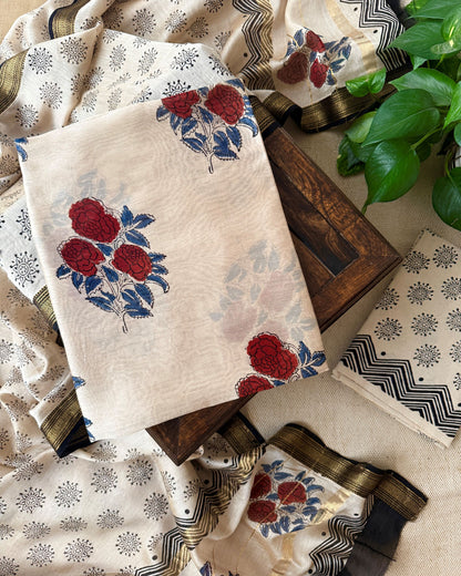 Pure Maheshwari Silk Hand Block Print Unstitched Suit with Dupatta