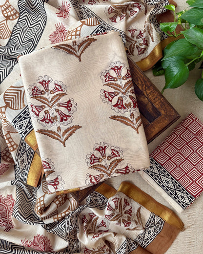 Pure Maheshwari Silk Hand Block Print Unstitched Suit with Dupatta
