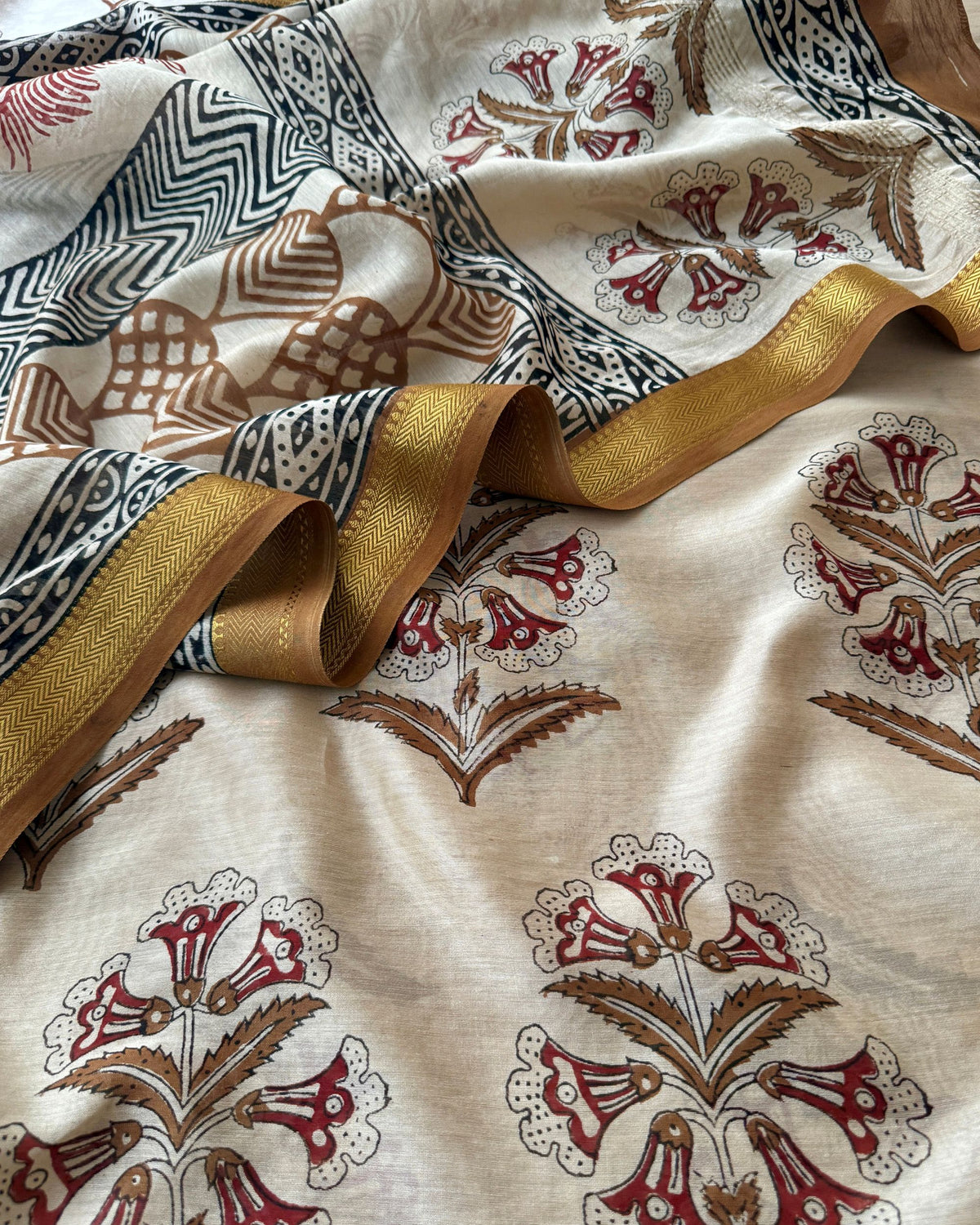 Pure Maheshwari Silk Hand Block Print Unstitched Suit with Dupatta