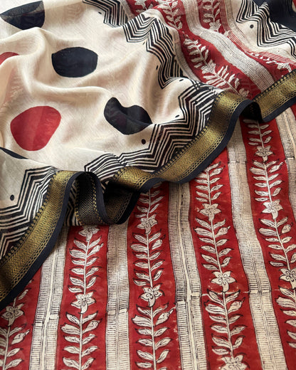 Pure Maheshwari Silk Hand Block Print Unstitched Suit with Dupatta