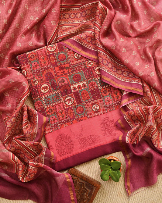 Royal Heritage: Maheshwari Silk Unstitched Suit Set with Traditional Mural Prints