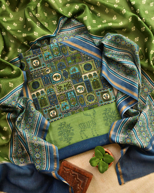 Royal Heritage: Maheshwari Silk Unstitched Suit Set with Traditional Mural Prints