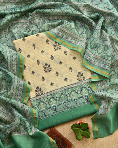 Elegant Maheshwari Silk Unstitched Suit Set with Traditional Prints