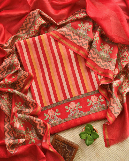 Artisanal Maheshwari Silk Striped Unstitched Suit Set with Floral Borders