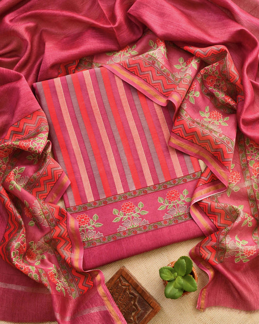 Artisanal Maheshwari Silk Striped Unstitched Suit Set with Floral Borders