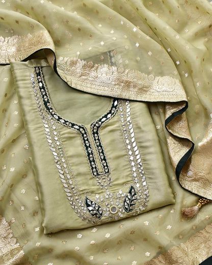 Banarasi Tissue Silk Unstitched Suit Set with Handcrafted Mirror Work Yoke