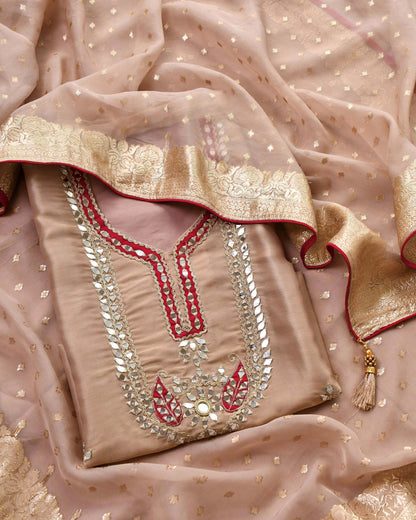 Banarasi Tissue Silk Unstitched Suit Set with Handcrafted Mirror Work Yoke
