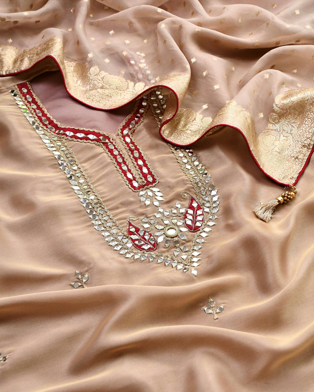 Banarasi Tissue Silk Unstitched Suit Set with Handcrafted Mirror Work Yoke